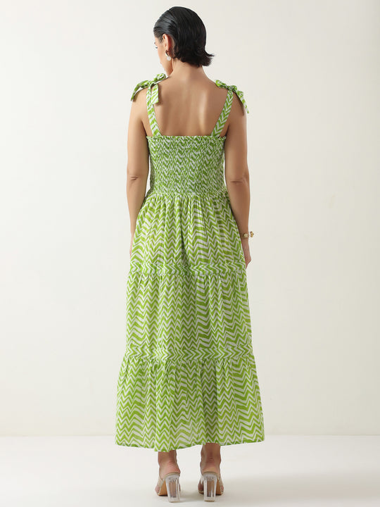 Green Square Neck Cotton Dress for Women