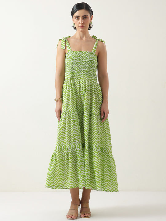 Green Square Neck Cotton Dress for Women