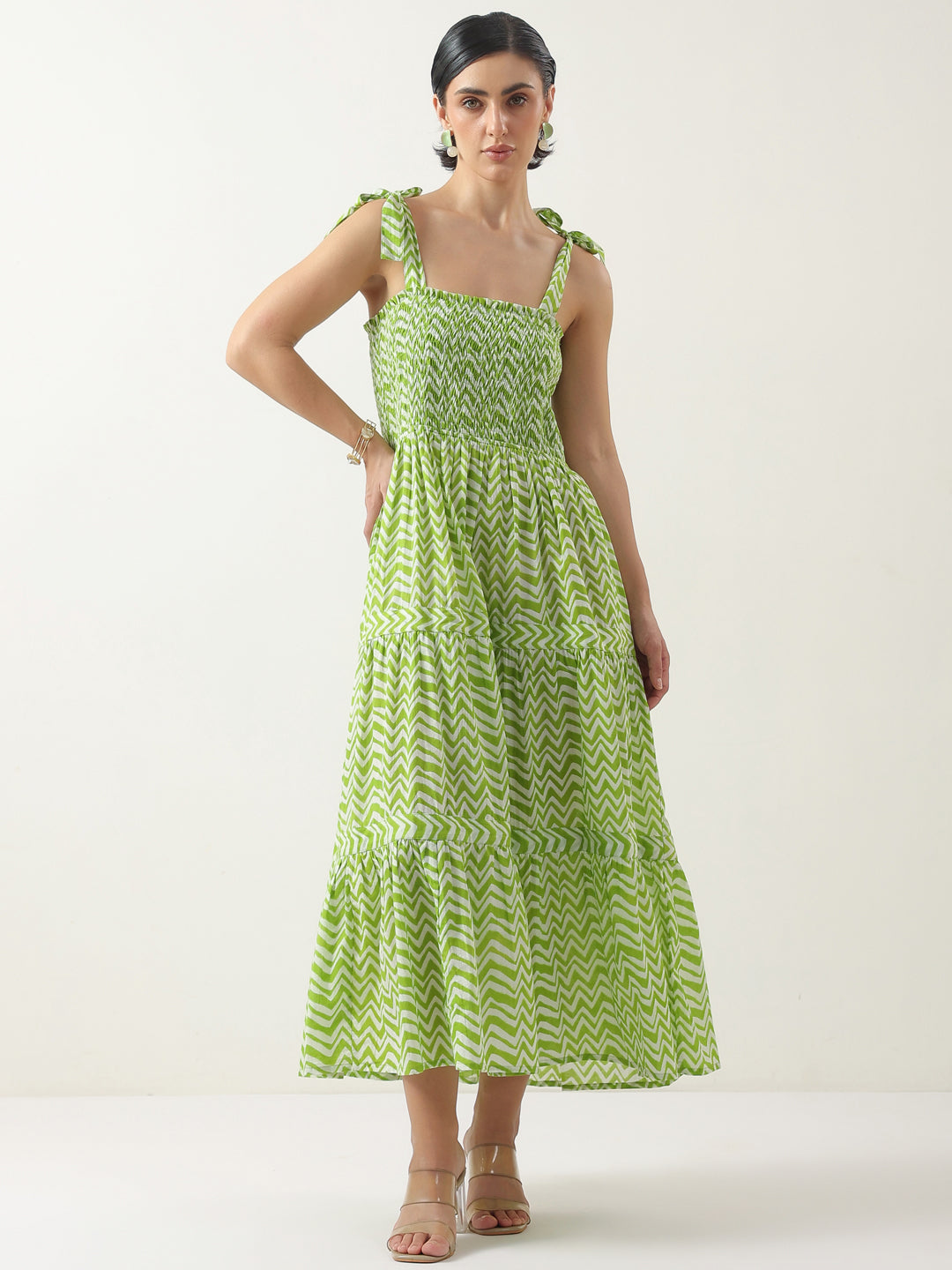 Green Square Neck Cotton Dress for Women