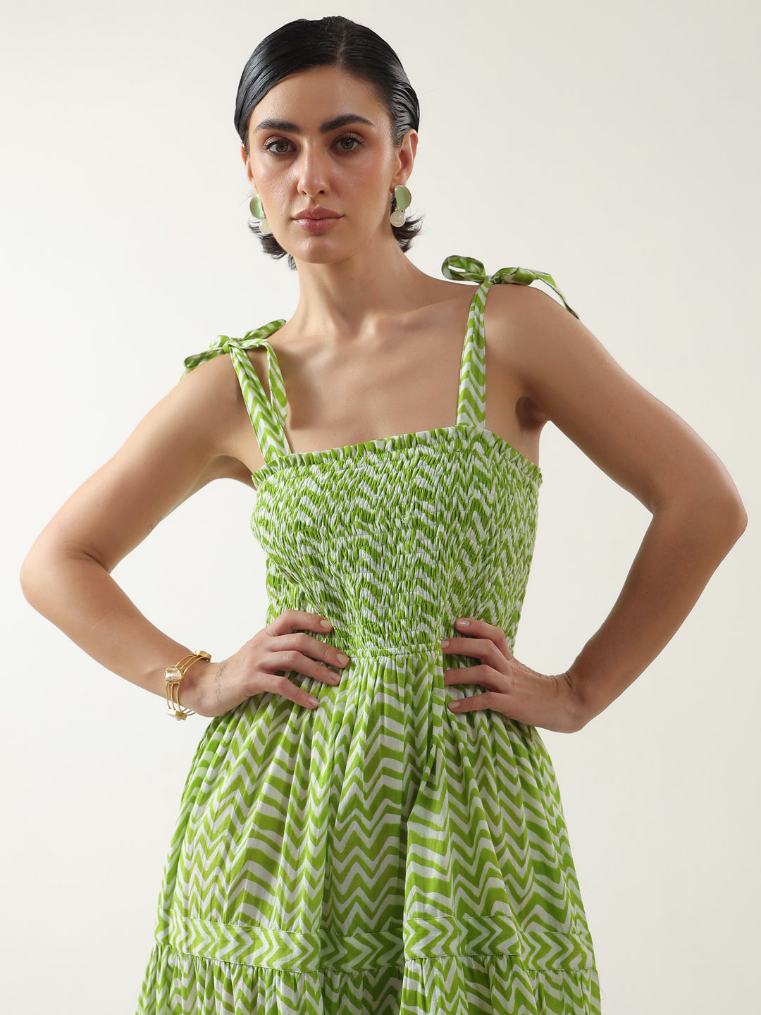 Green Square Neck Cotton Dress for Women