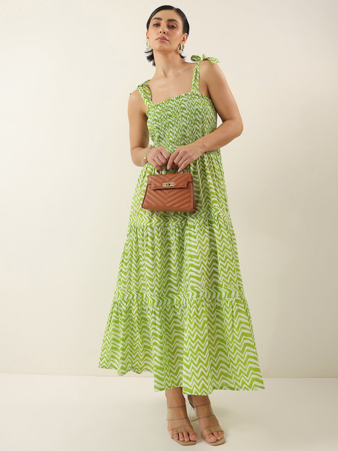 Green Square Neck Cotton Dress for Women