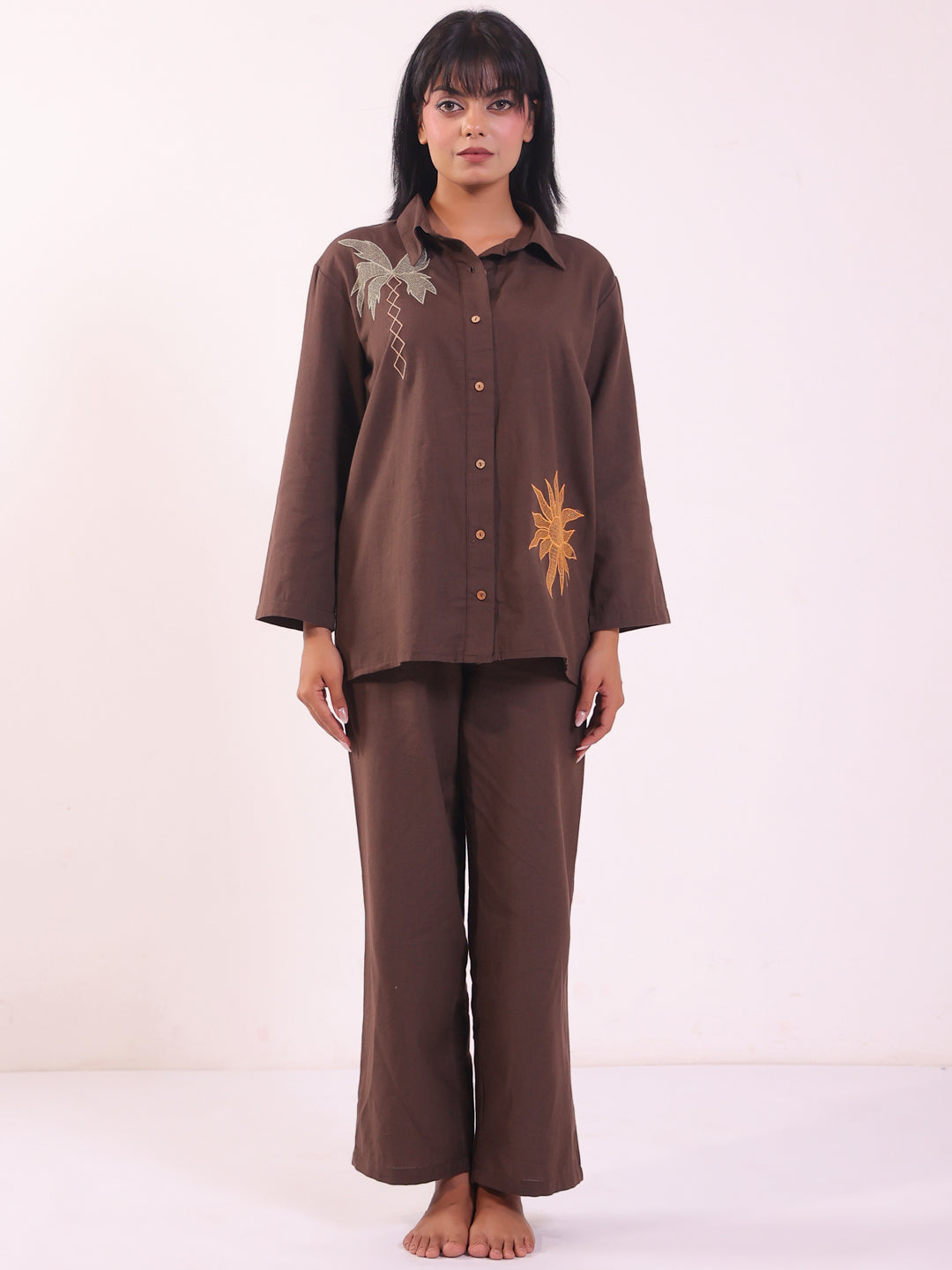 Brown Embroidered Shirt Collar Pure Cotton Co-Ord Set For Women