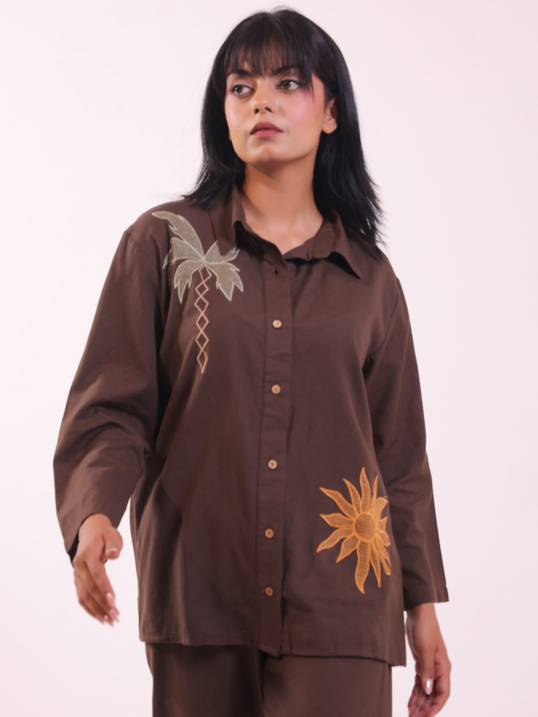 Brown Embroidered Shirt Collar Pure Cotton Co-Ord Set For Women