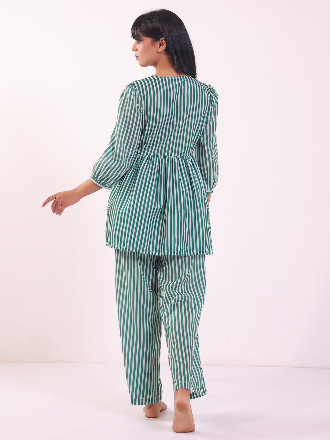 Green V-Neck Stripe Print Pure Cotton Night Suit For Women