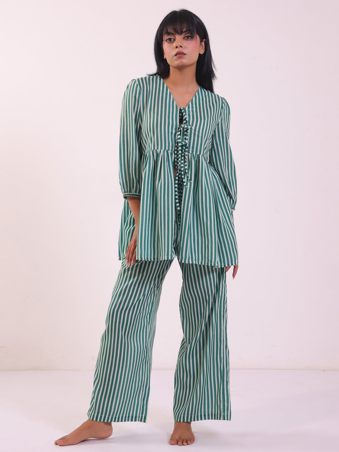 Green V-Neck Stripe Print Pure Cotton Night Suit For Women
