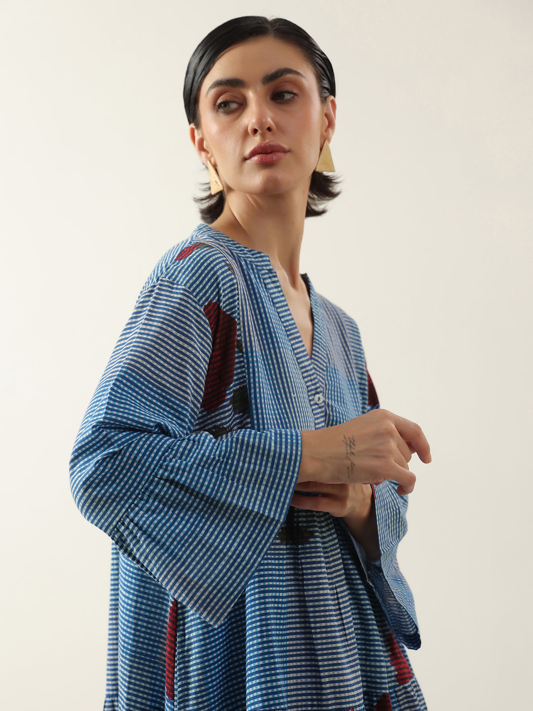 Blue  Floral Printed V-Neck Cotton Dress