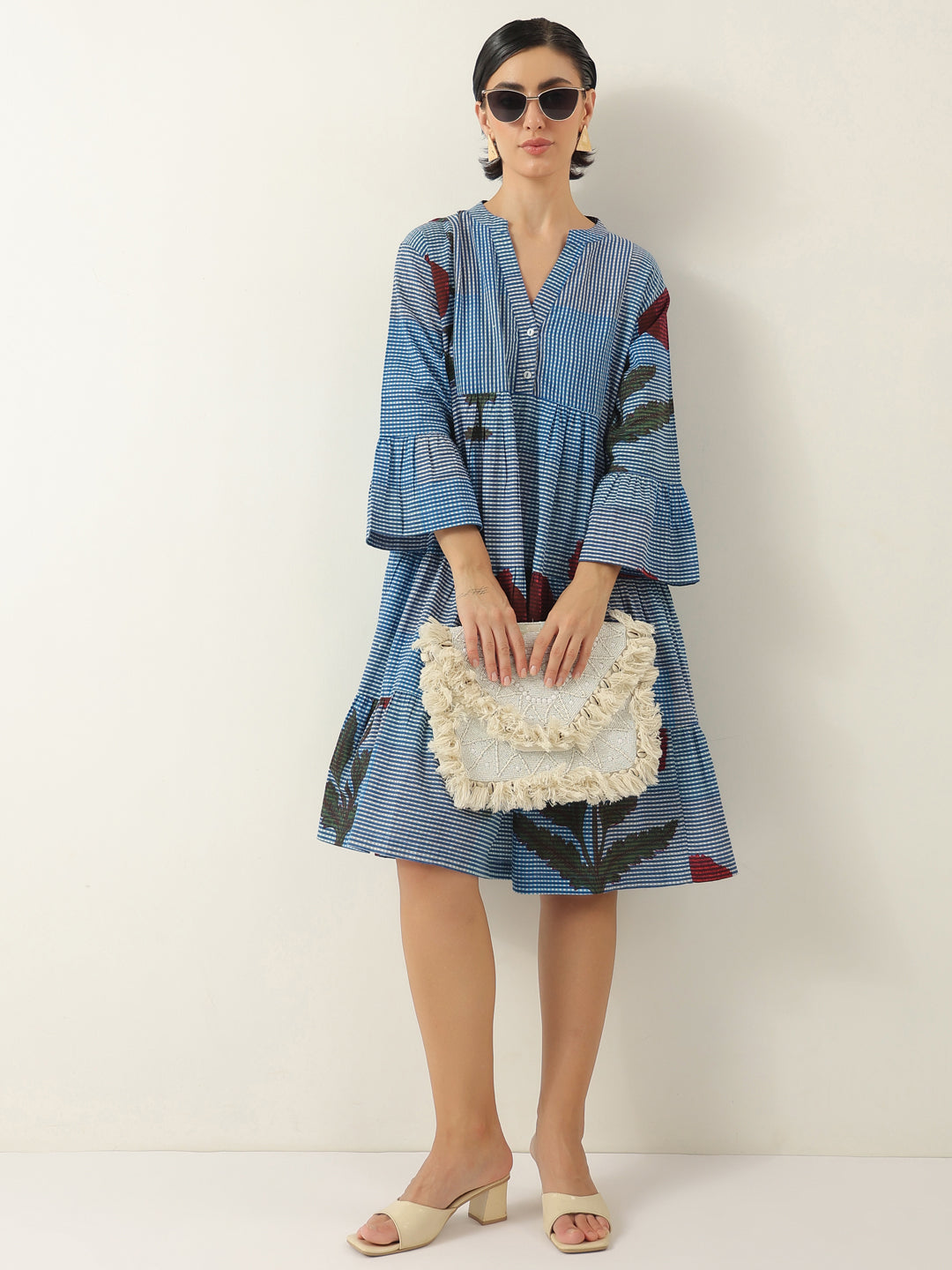 Blue  Floral Printed V-Neck Cotton Dress