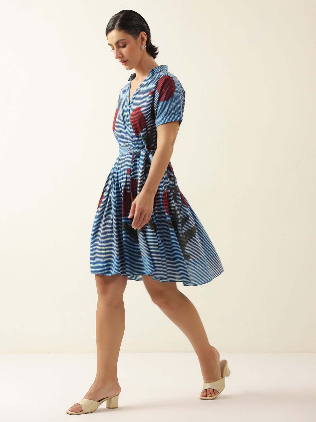 Blue V-Neck Floral Printed Dress for Women