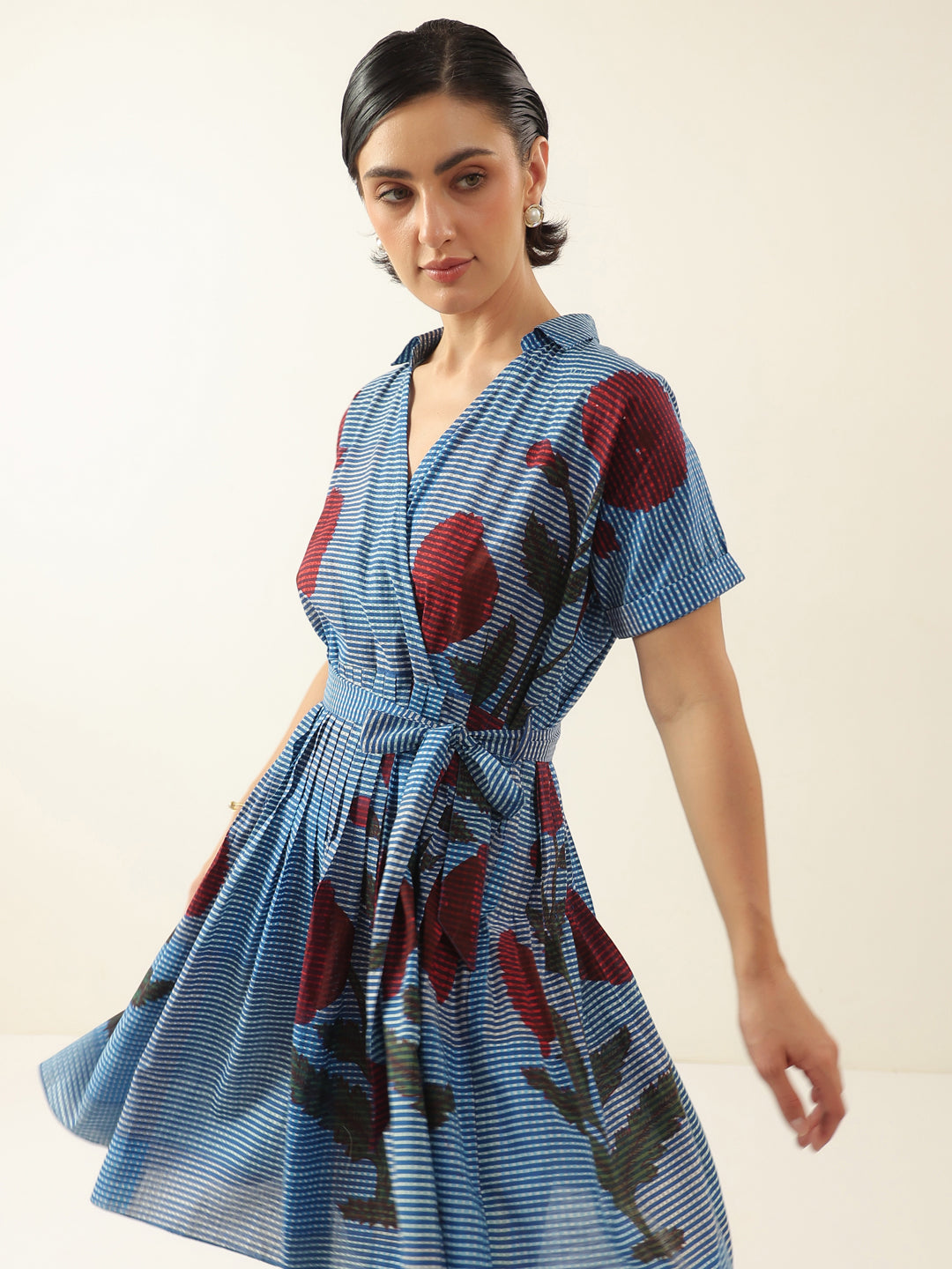 Blue V-Neck Floral Printed Dress for Women