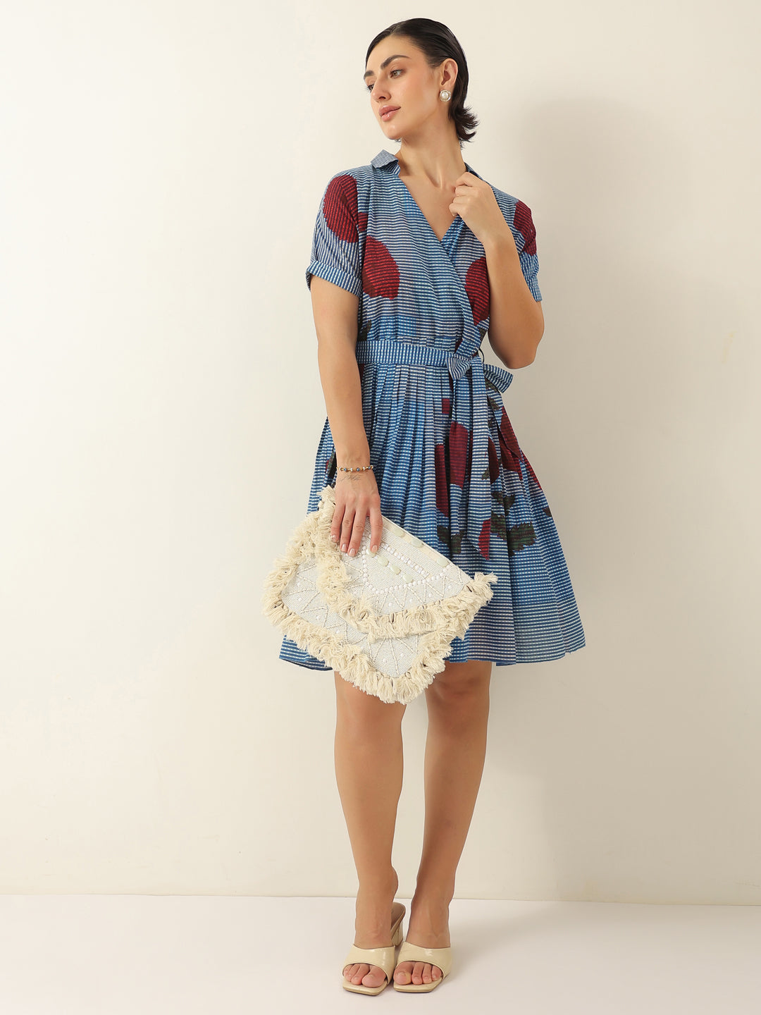 Blue V-Neck Floral Printed Dress for Women