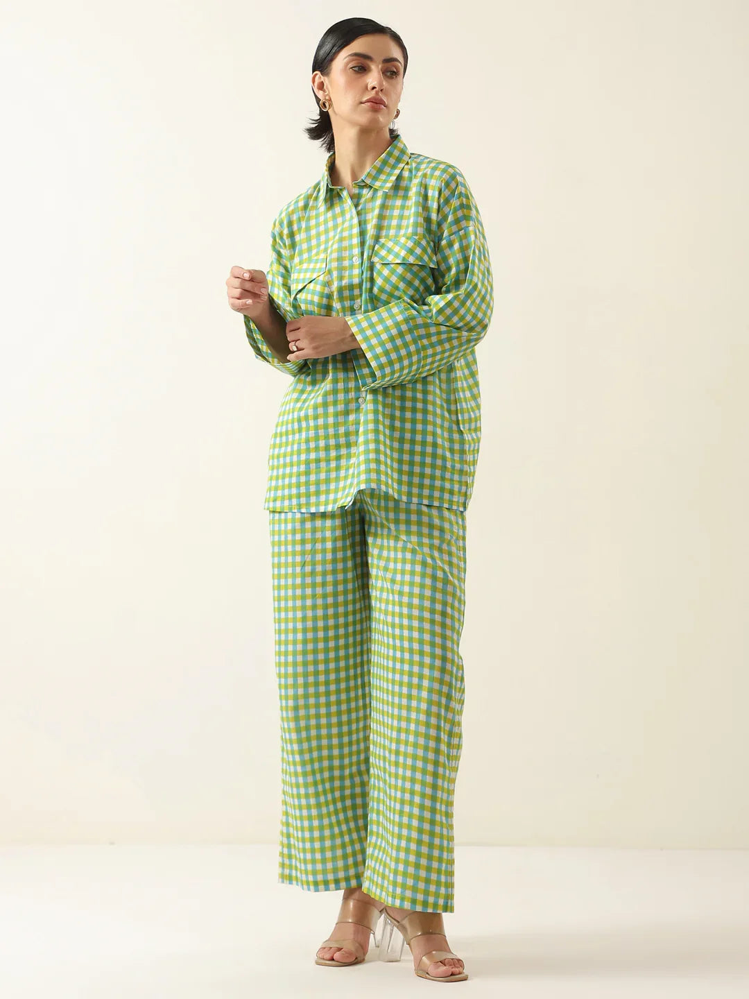 Buy Green Color Check Printed Cotton Co-Ords Set Online @ Best Price