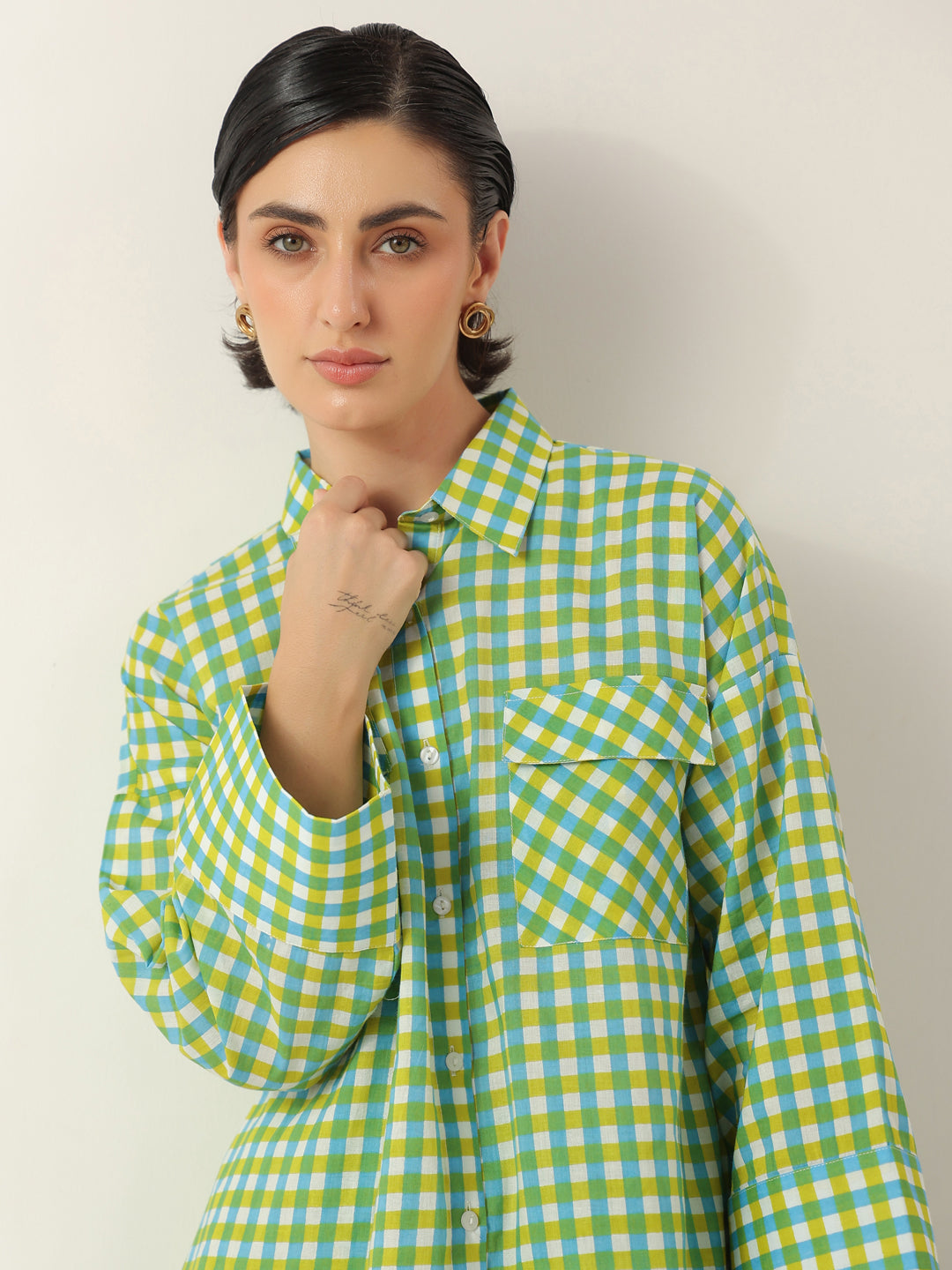 Green Color Check Printed Cotton Co-ords Set