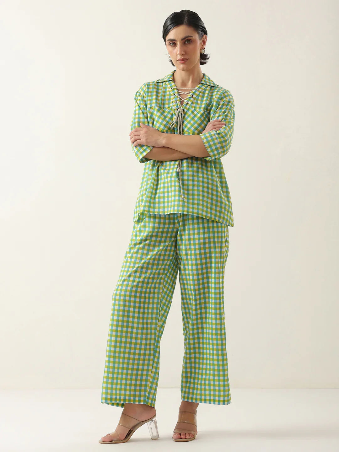 Green Color Check Printed Cotton Co-Ords Set For Women