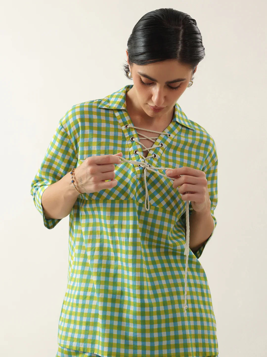 Green Color Check Printed Cotton Co-Ords Set For Women
