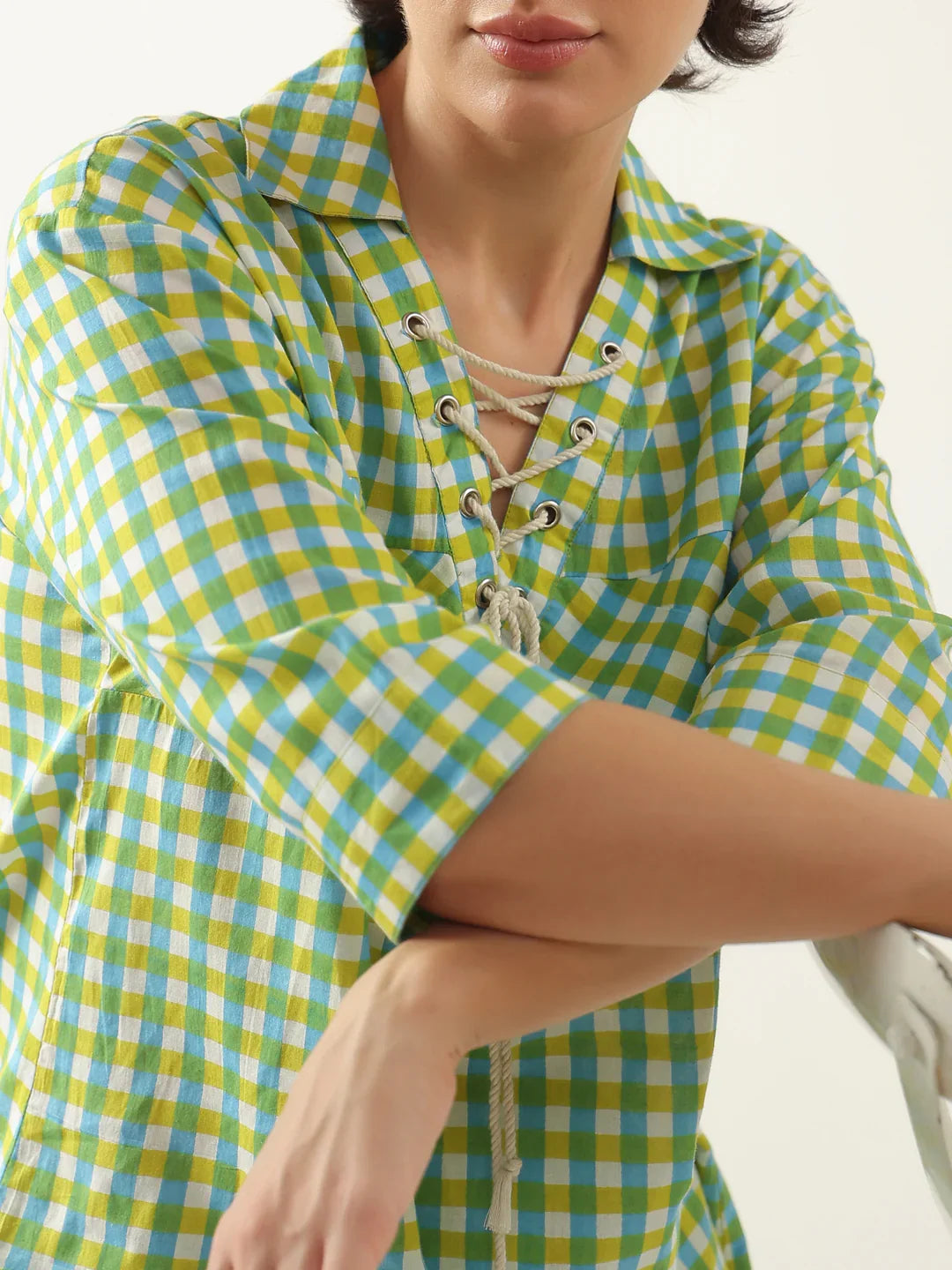 Green Color Check Printed Cotton Co-Ords Set For Women