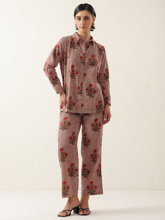 Red Cotton Floral Printed Shirt Collor Night Suit