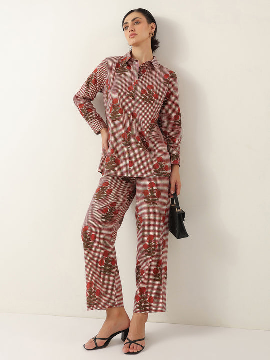 Red Cotton Floral Printed Shirt Collor Night Suit