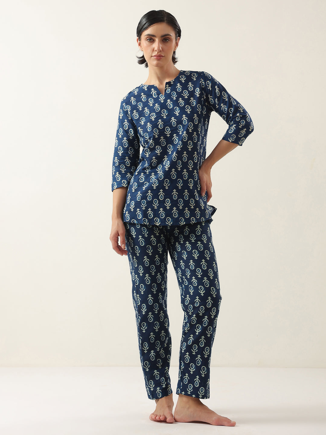 Blue Color Round Neck Floral Printed Night Suit