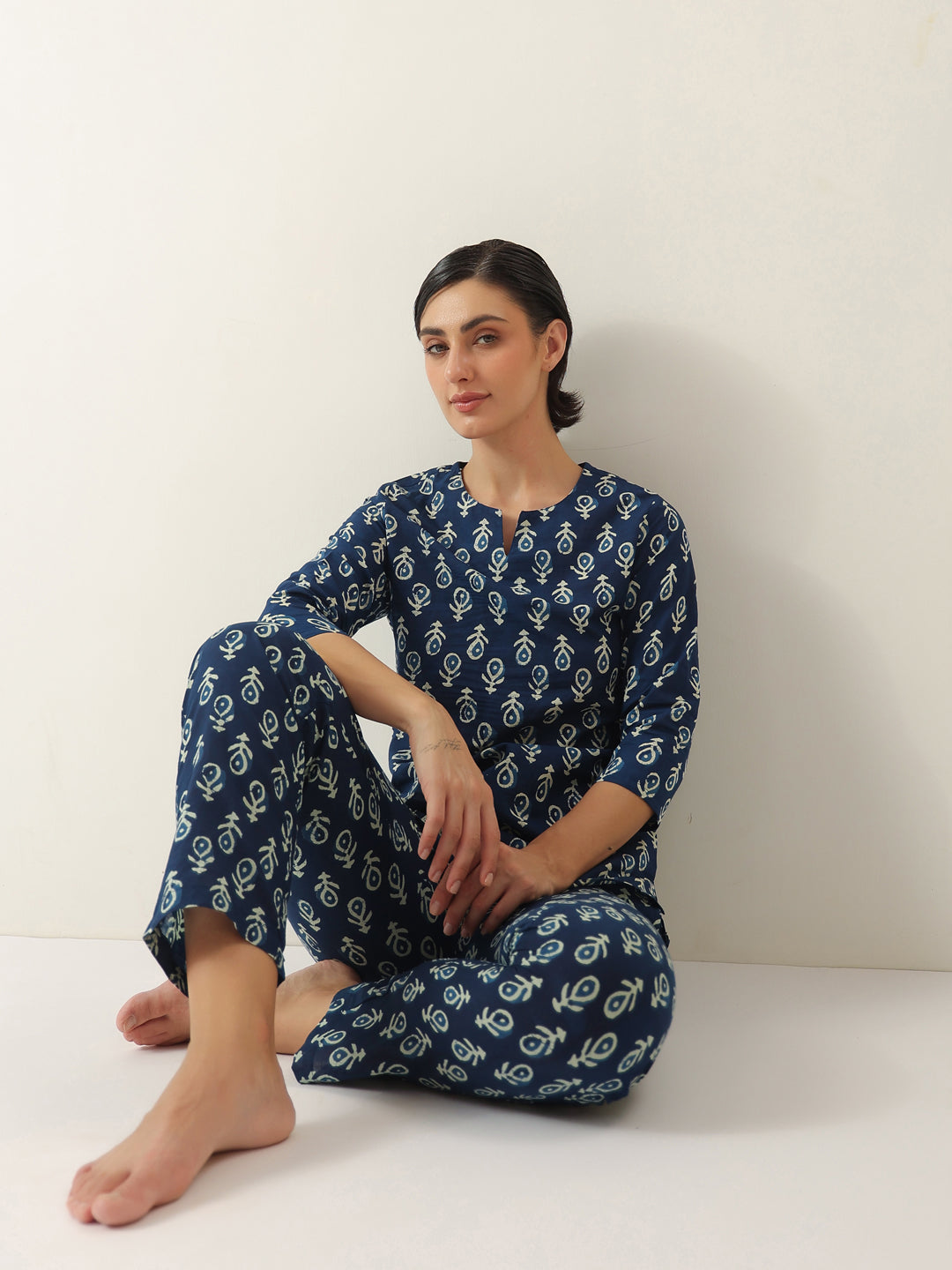 Blue Color Round Neck Floral Printed Night Suit