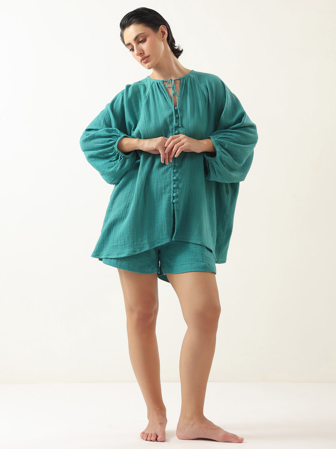 Sea Green Solid Cotton Night Suit For Women