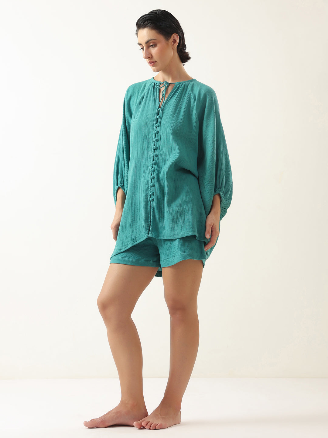Sea Green Solid Cotton Night Suit For Women