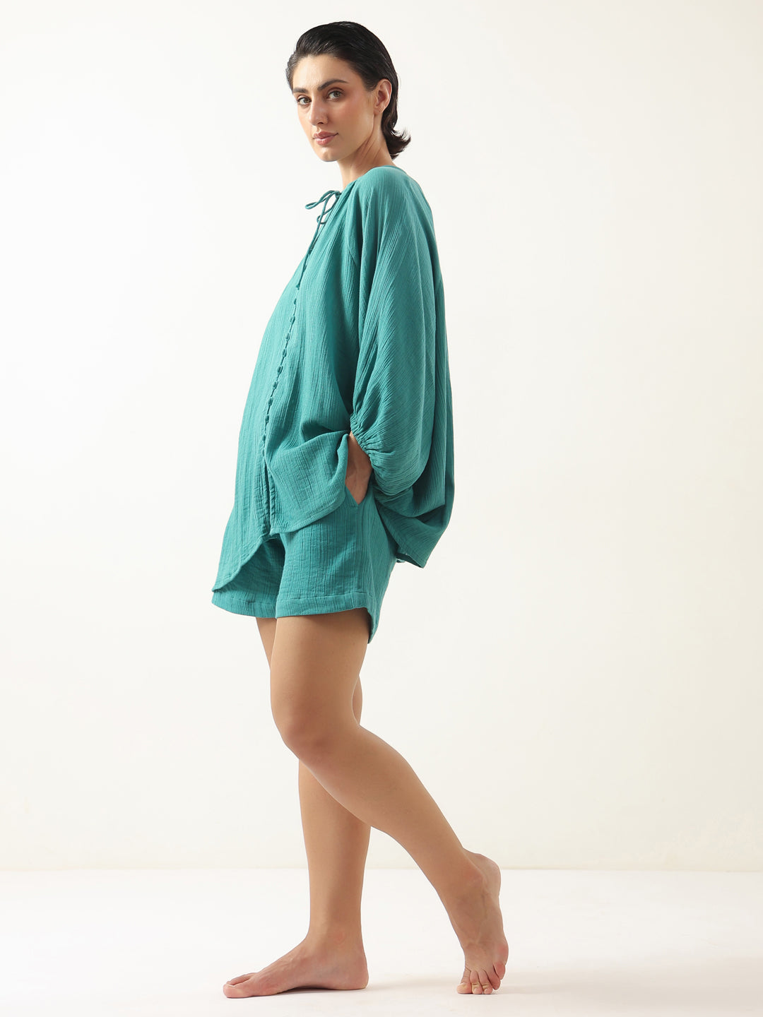 Sea Green Solid Cotton Night Suit For Women