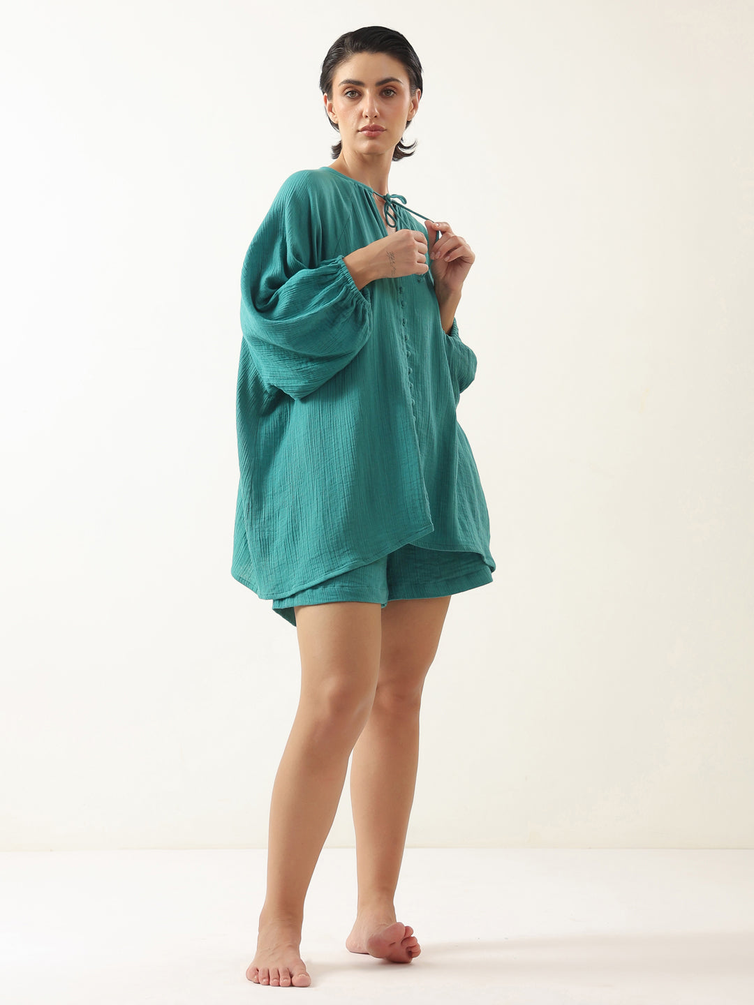 Sea Green Solid Cotton Night Suit For Women