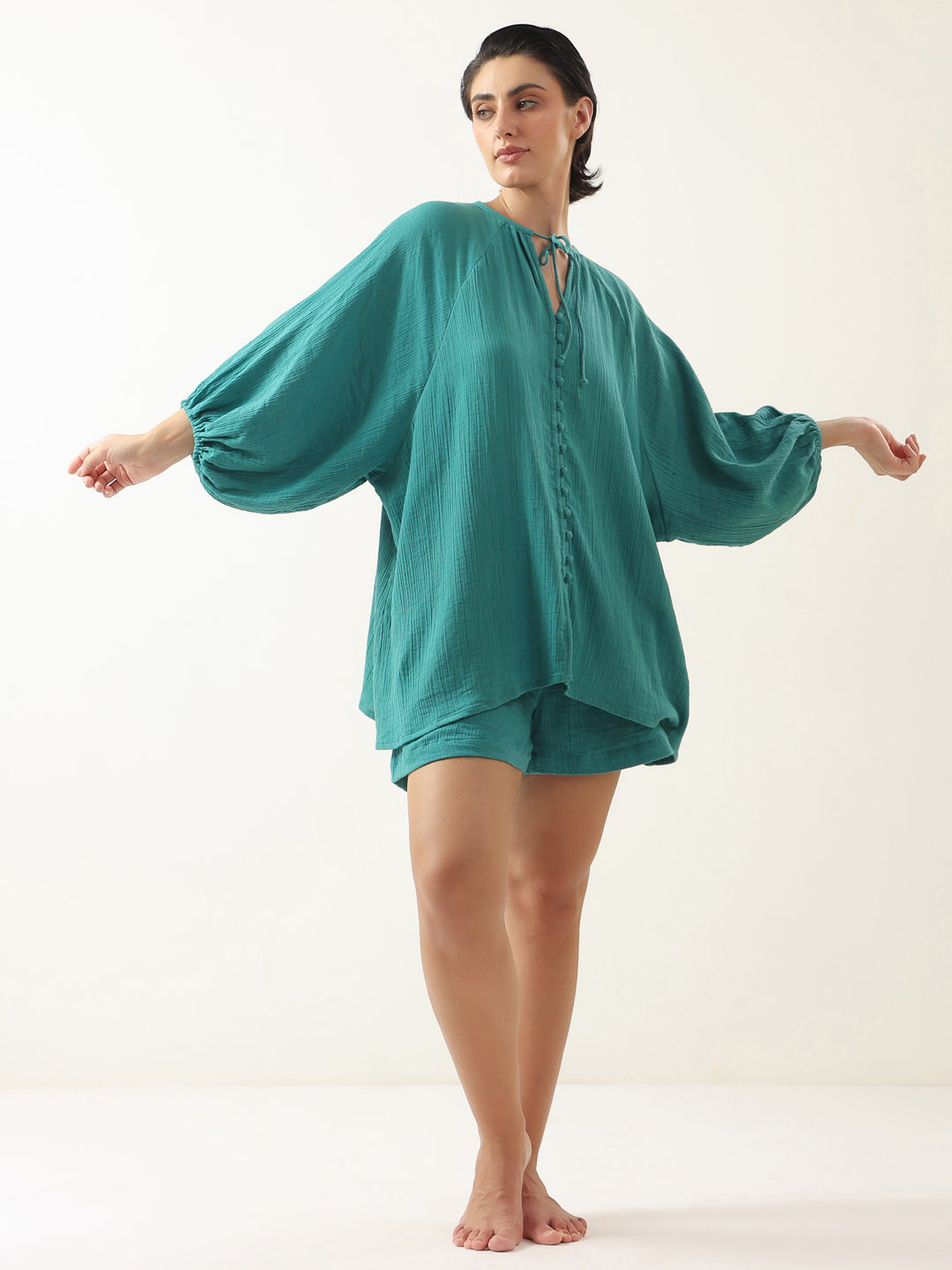 Sea Green Solid Cotton Night Suit For Women