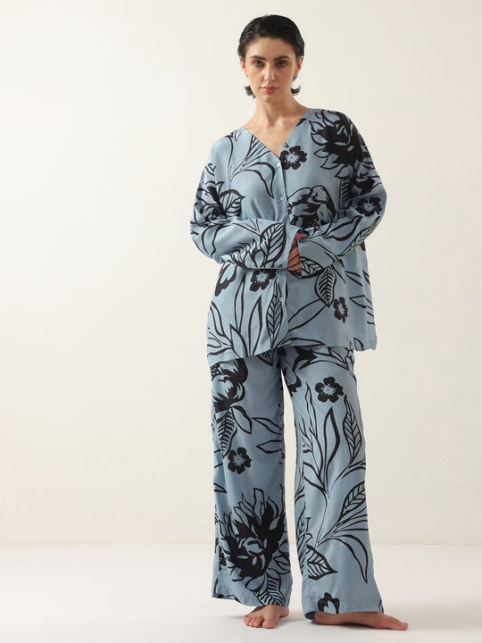 Blue Color V-Neck Floral Printed Night Suit