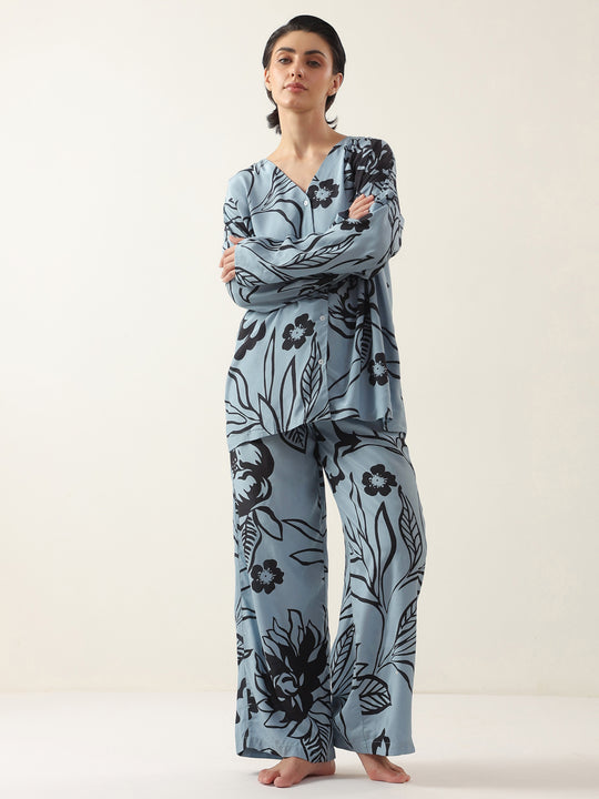 Blue Color V-Neck Floral Printed Night Suit