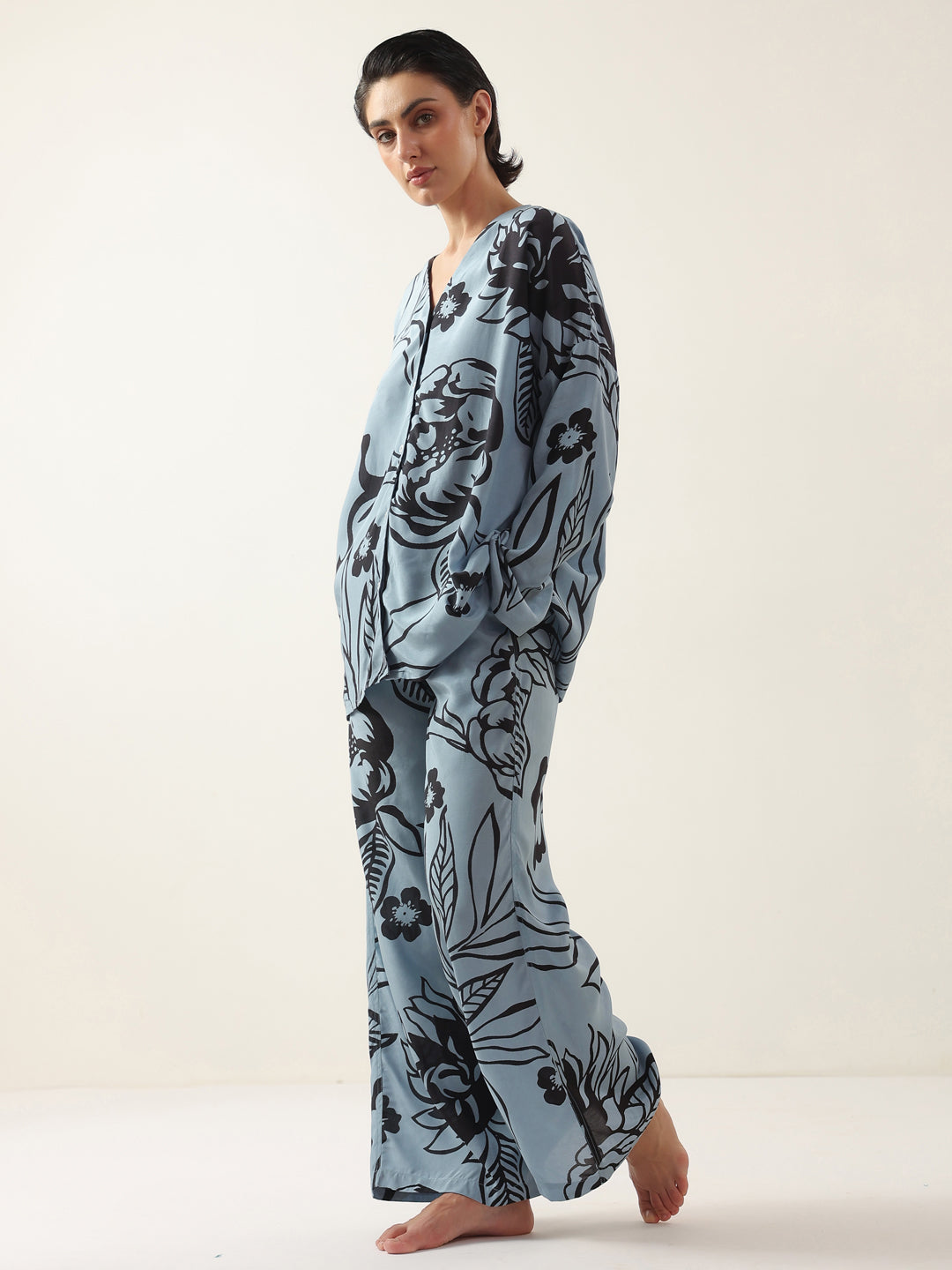 Blue Color V-Neck Floral Printed Night Suit