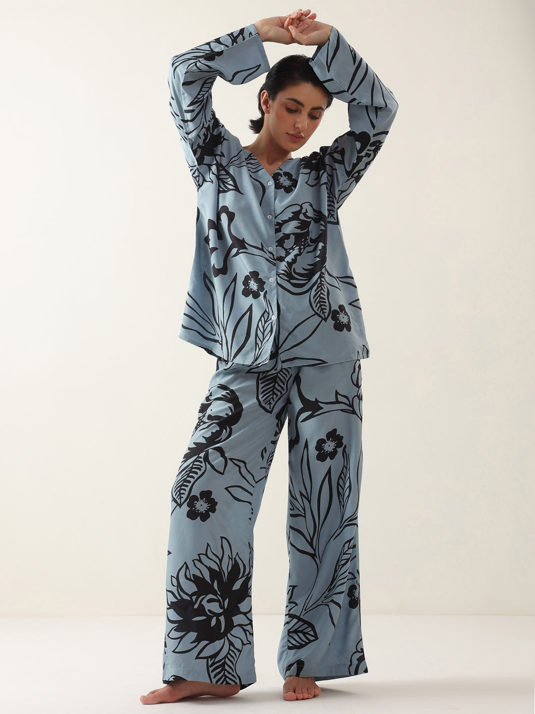 Blue Color V-Neck Floral Printed Night Suit