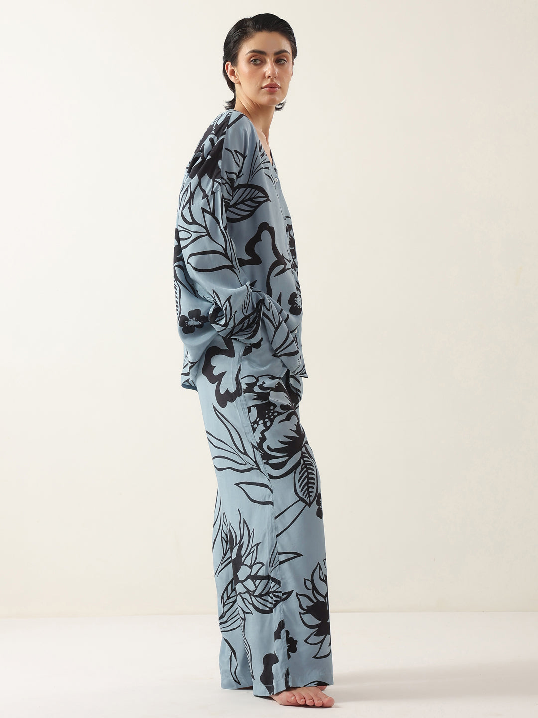 Blue Color V-Neck Floral Printed Night Suit