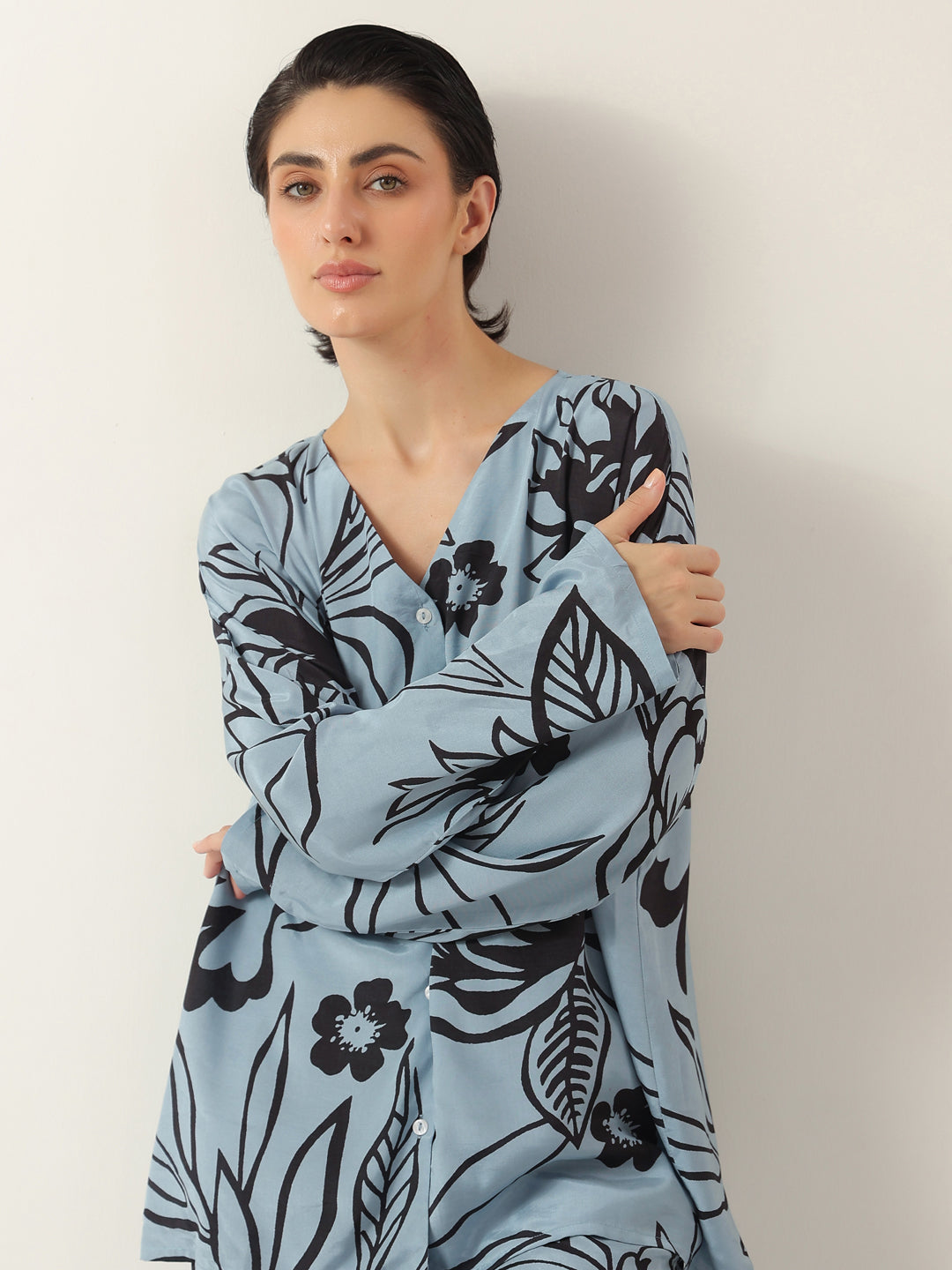 Blue Color V-Neck Floral Printed Night Suit