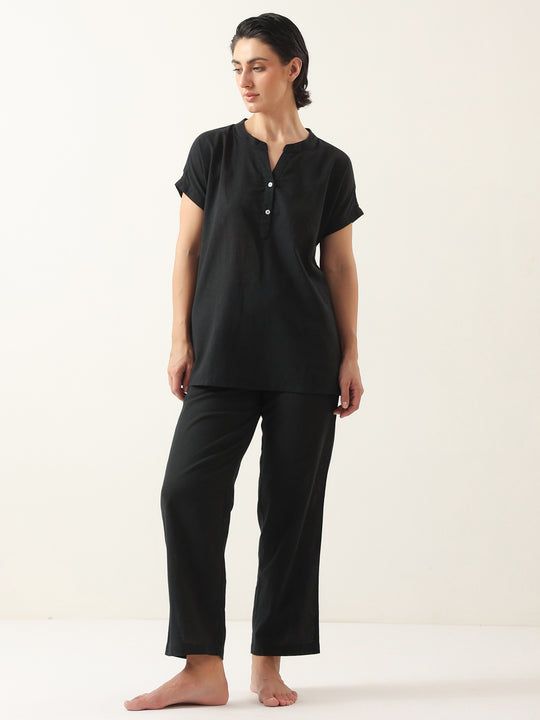 Black Solid Cotton V-Neck Night Suit