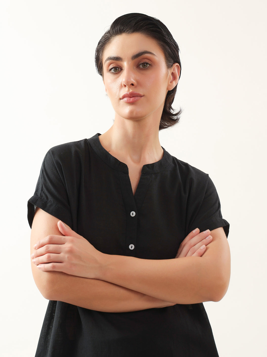 Black Solid Cotton V-Neck Night Suit