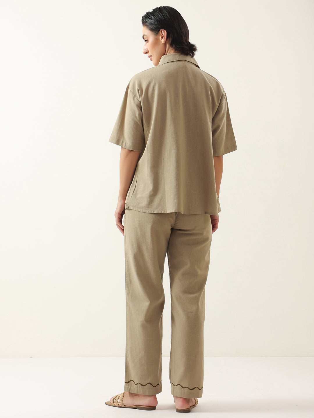 Brown Solid Cotton Shirt Collar Night Suit - SanskrutiHomes 