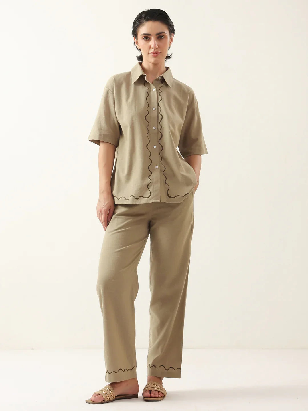 Brown Solid Cotton Shirt Collar Night Suit - SanskrutiHomes 