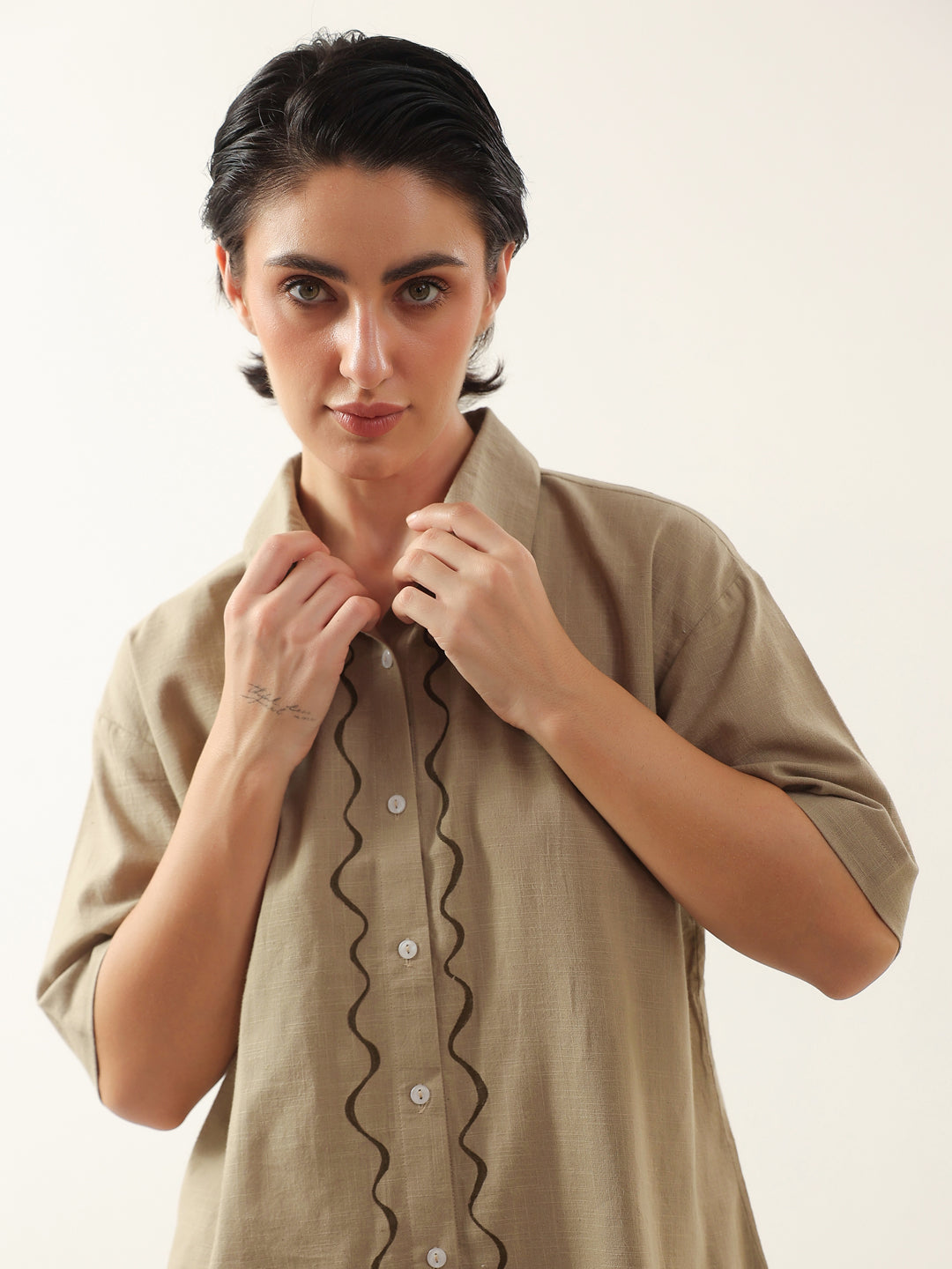 Brown Solid Cotton Shirt Collar Night Suit - SanskrutiHomes 