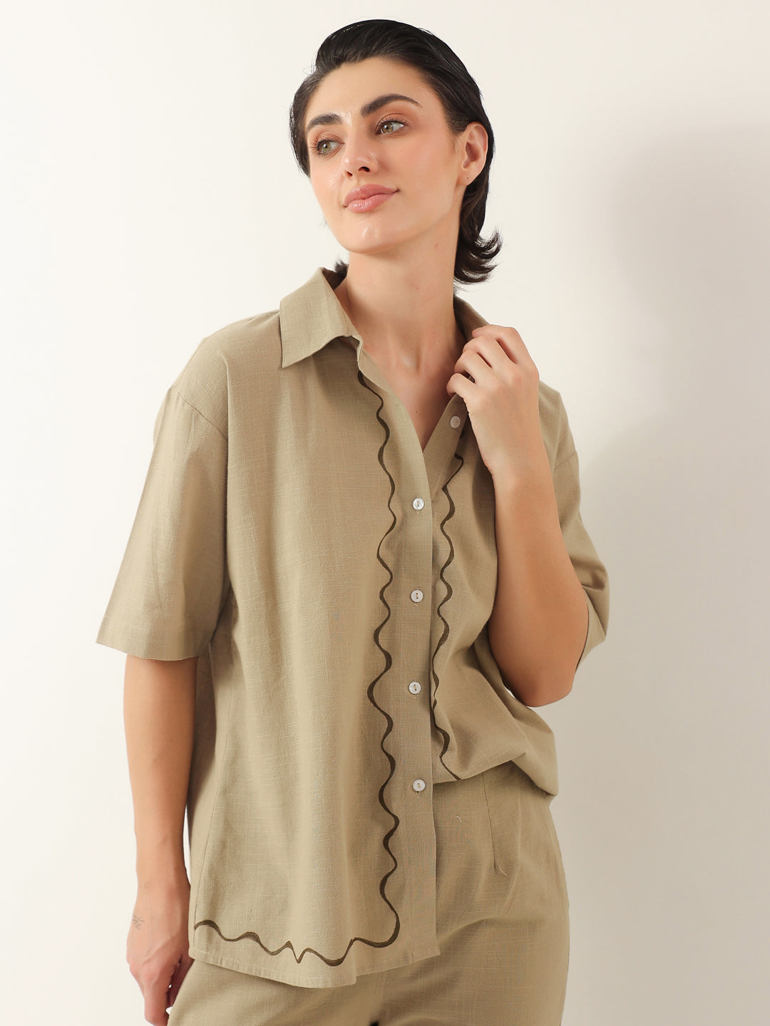 Brown Solid Cotton Shirt Collar Night Suit - SanskrutiHomes 