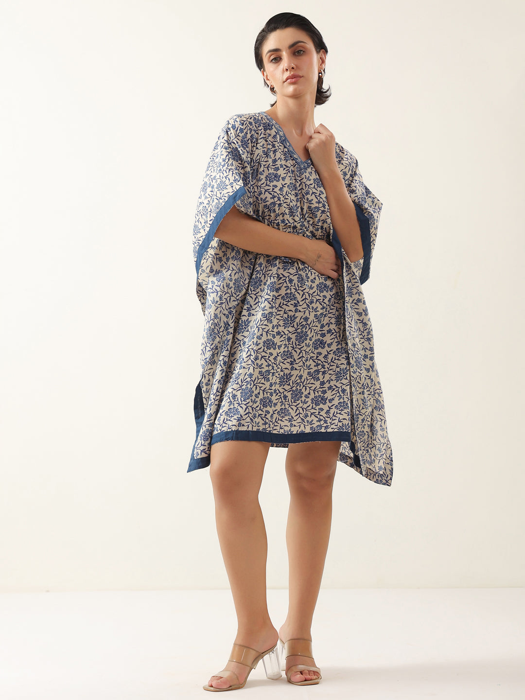Off White V-Neck Pure Cotton Kaftan Night Dress