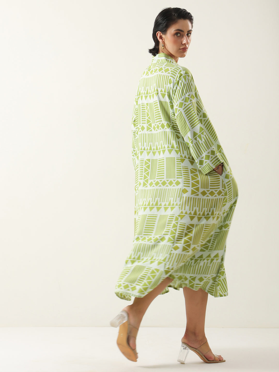 Green Geometric Print Viscose Rayon Dress for Women