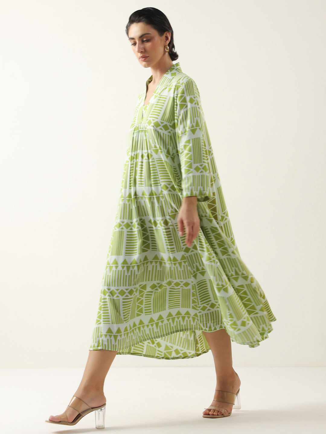 Green Geometric Print Viscose Rayon Dress for Women