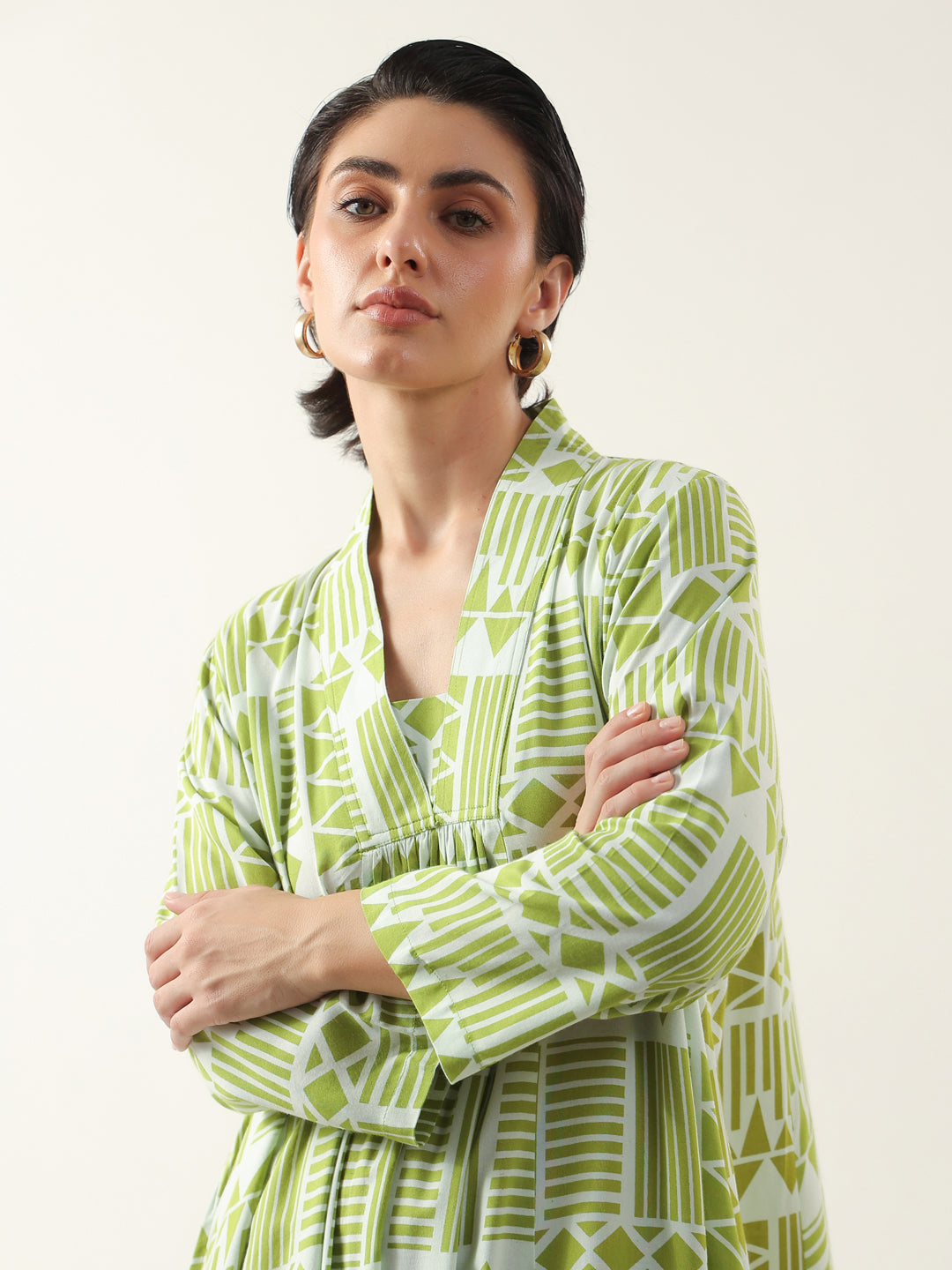 Green Geometric Print Viscose Rayon Dress for Women