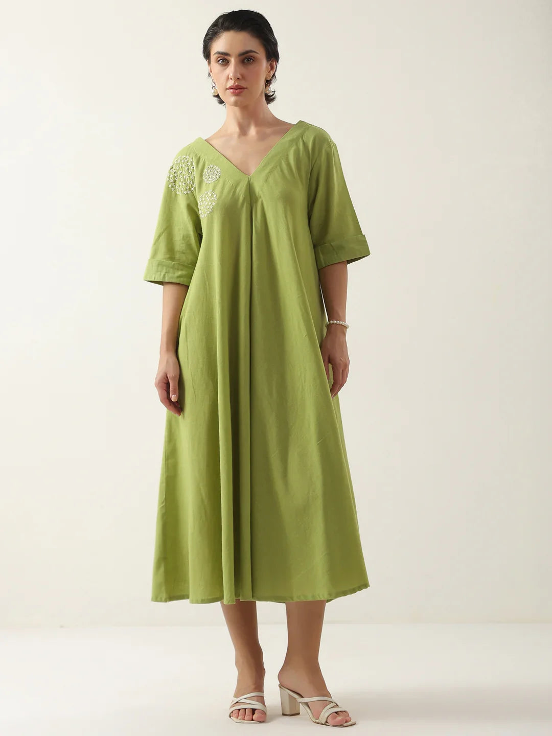 Lime Green V-Neck Cotton Dress For Women