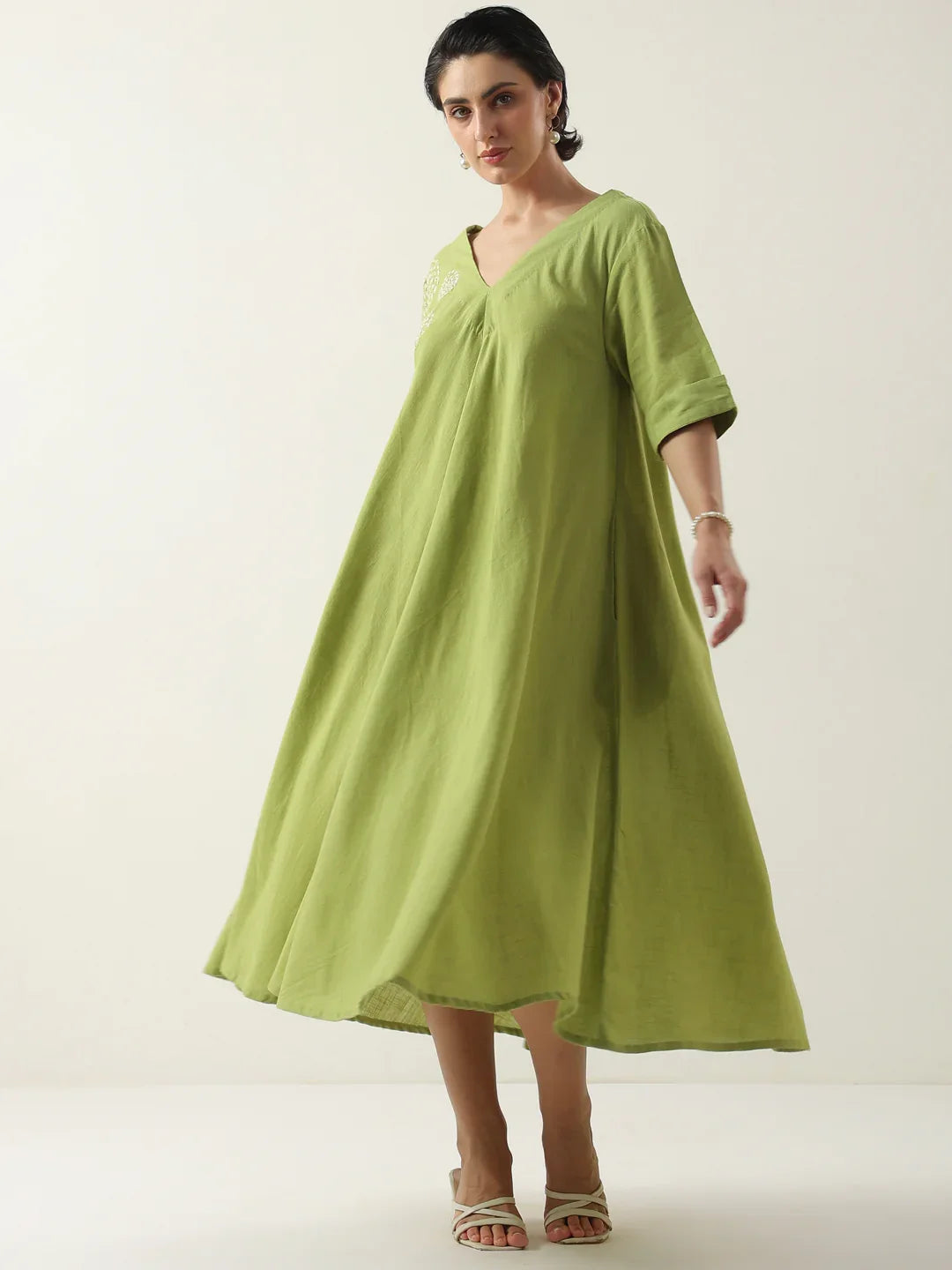 Lime Green V-Neck Cotton Dress For Women