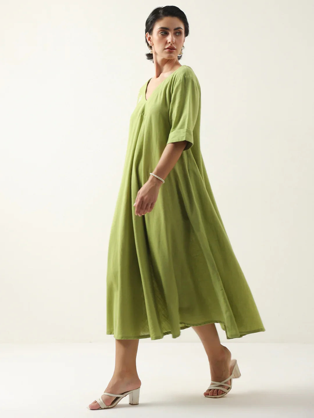Lime Green V-Neck Cotton Dress For Women
