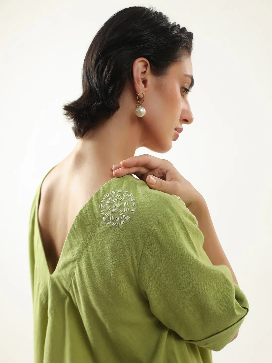 Lime Green V-Neck Cotton Dress For Women