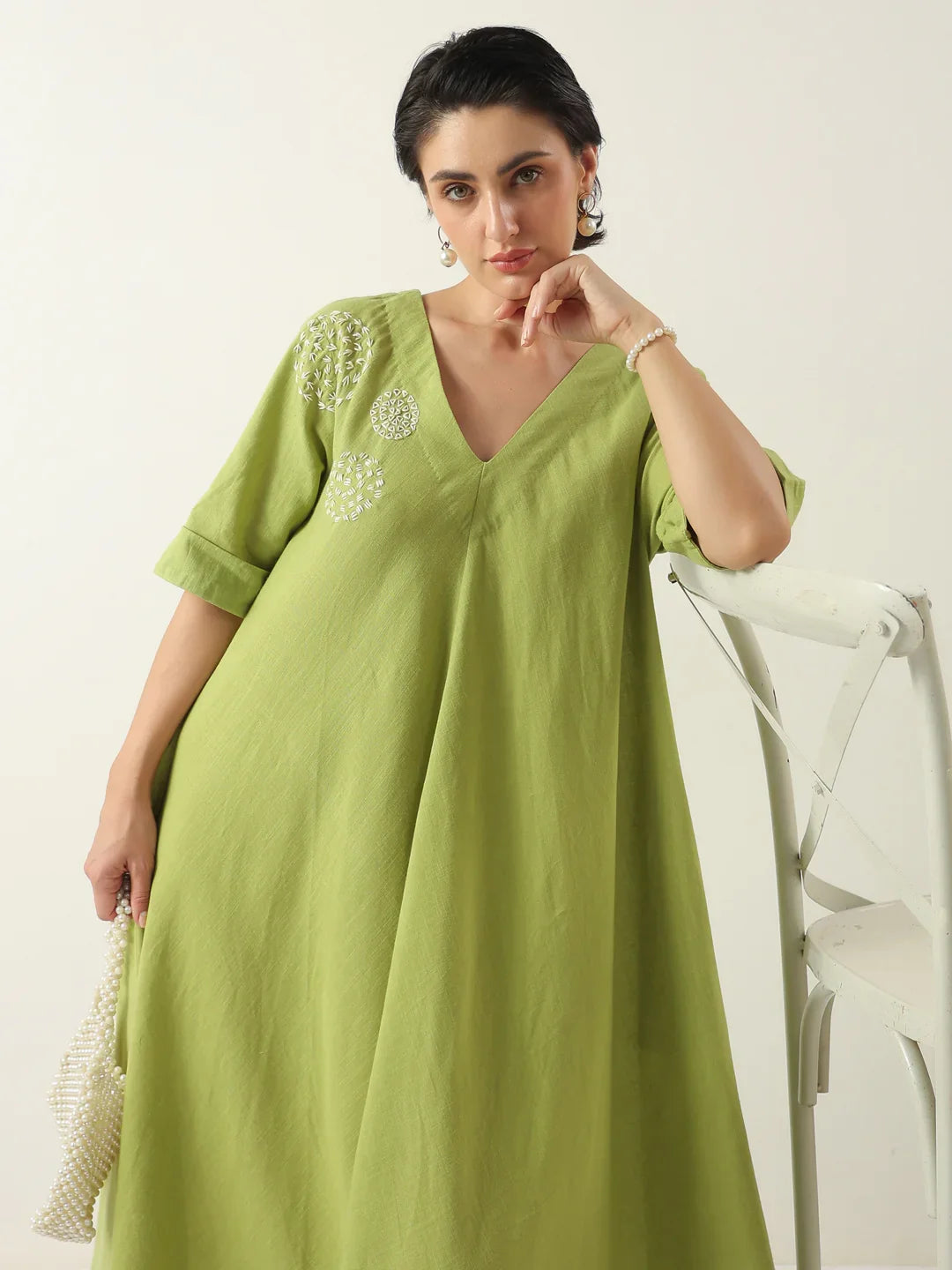 Lime Green V-Neck Cotton Dress For Women