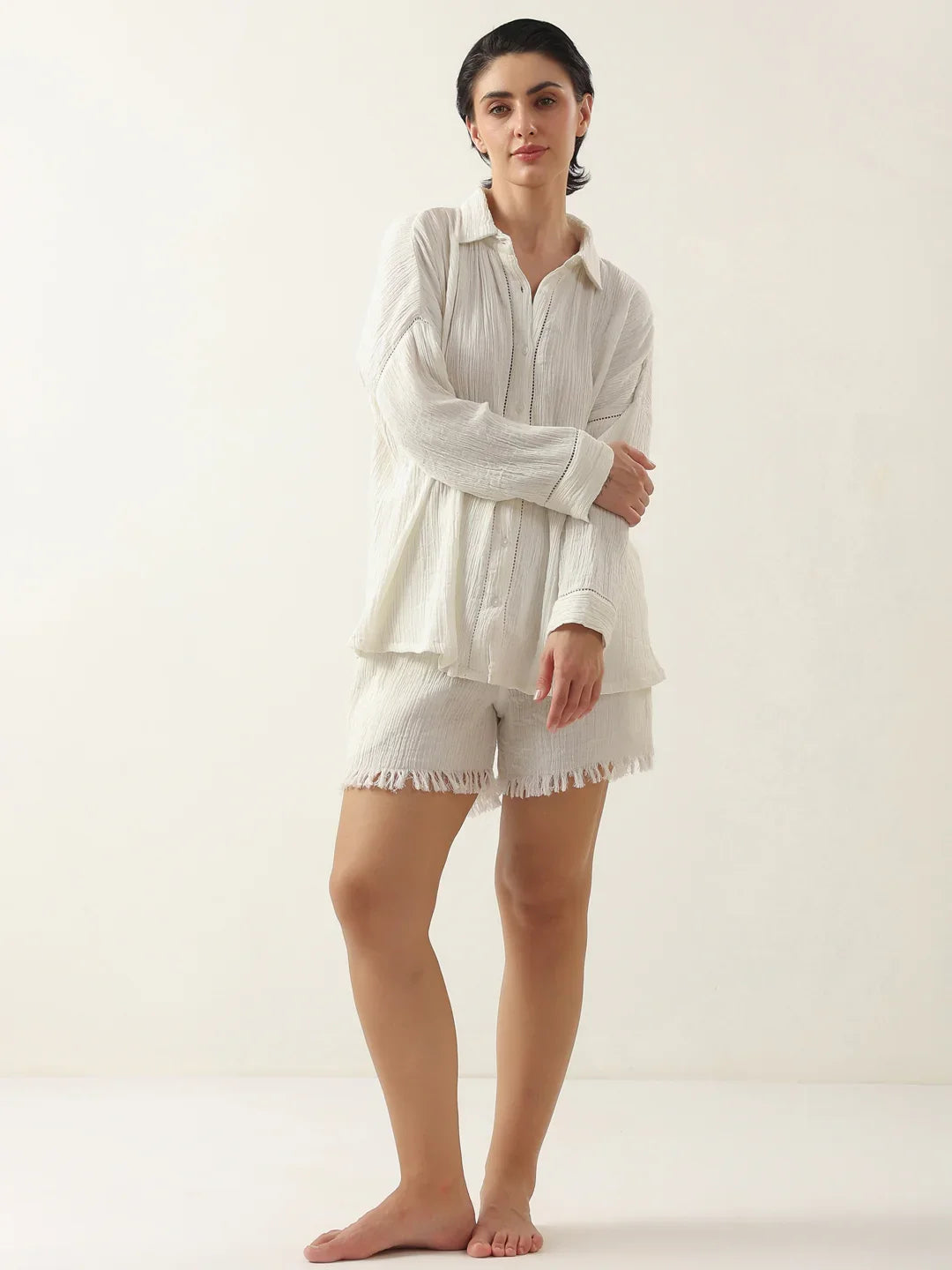 White Pure Cotton Solid Night Suit For Women